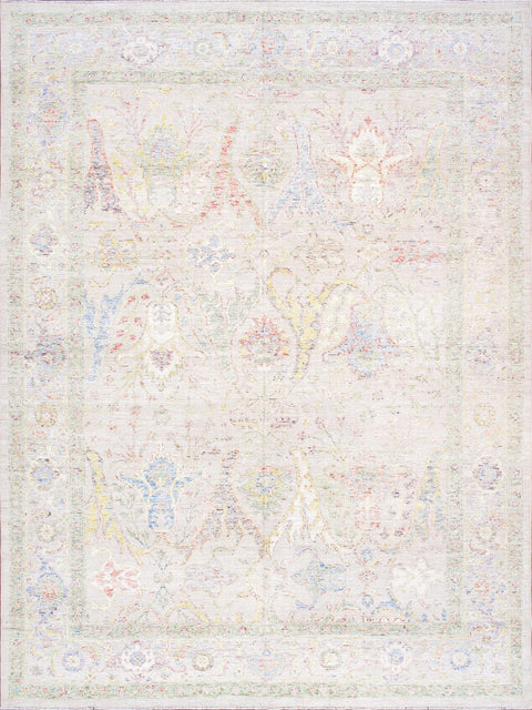 Pasargad Home Oushak Collection Hand-Knotted Beige/Silver 100% Wool Floral Area Rug- 9' 0'' X 12' 2''