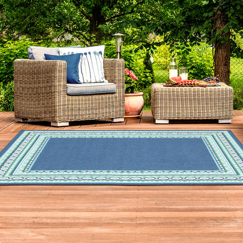 Oriental Weavers Meridian Indoor/Outdoor Rug - 9650B - 8'6" x 13' - in Navy/Green - Vintage Inspired, Water, Stain and Fade Resistant, Hose Clean, Patio, Outdoor Living Area Rug