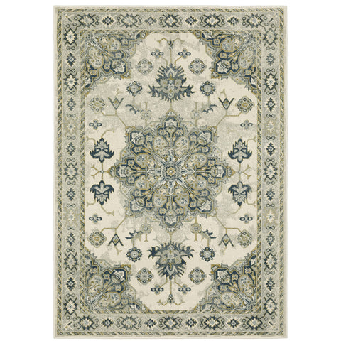 Oriental Weavers Branson Area Rug - BR04B - 9'10" x 12'10" - in Ivory/Blue - Vintage Inspired, Stain Resistant, Family and Pet Friendly, Family, Dining, Living Room Rug