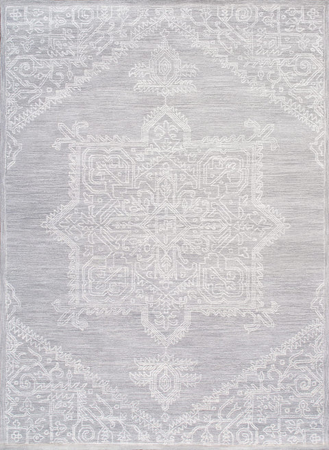 Pasargad Home Modern Collection Hand-Tufted Silver/Ivory Bsilk & Wool Oriental Modern Area Rug with Cotton Backing- 7' 9'' X 9' 9''