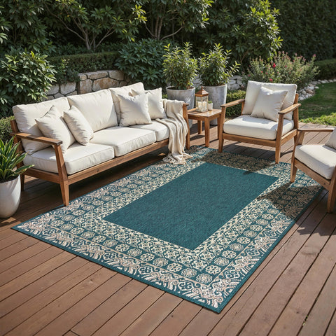 Oriental Weavers Latitude Indoor/Outdoor Rug - 1503B - 7'10" x 10' - in Teal/Grey - Classic Casual Style, Water, Stain and Fade Resistant, Hose Clean, Patio, Outdoor Living Area Rug