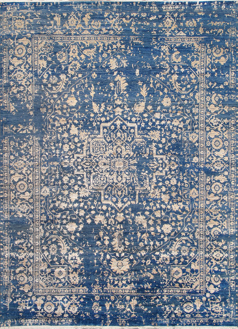 Pasargad Home Transitional Collection Hand-Knotted Blue/Beige Living Room Area Rug- 9' 0'' X 12' 2''