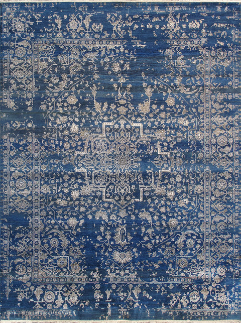 Pasargad Home Transitional Hand Knotted Area Rug, Premium Art Silk & Wool Oriental Rugs for Living Room, Bedroom, Dining Home - 9' 0" X 11'10", Blue/Silver