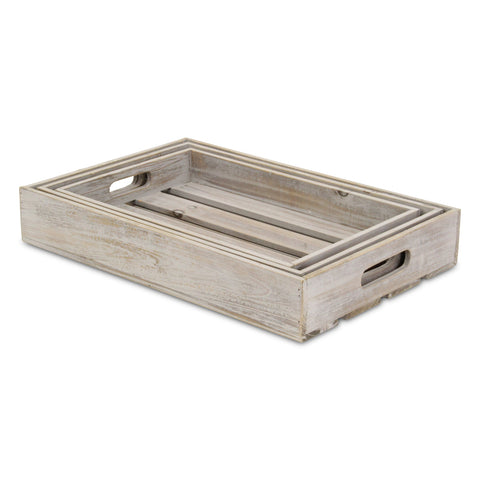 Nora Set of 3 Slatted Wood Trays Gray Wash