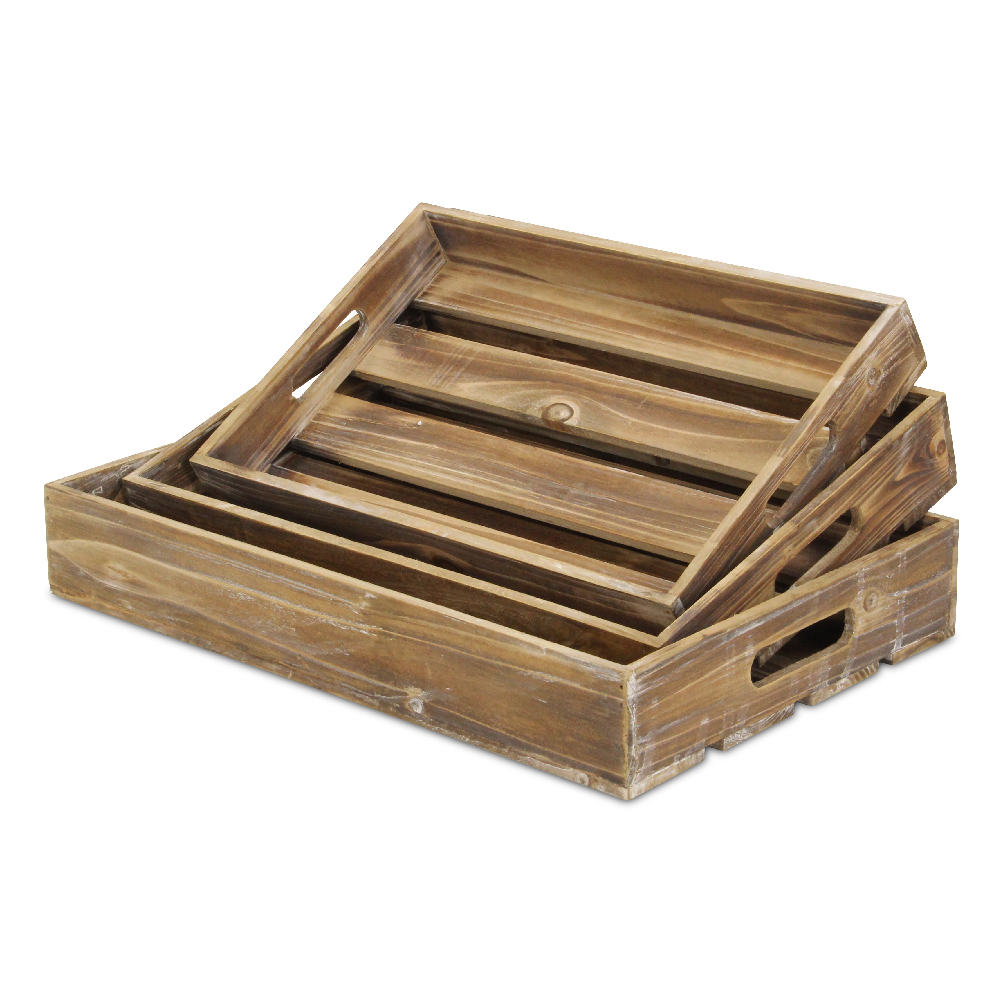 Nora Set of 3 Slatted Wood Trays - Brown