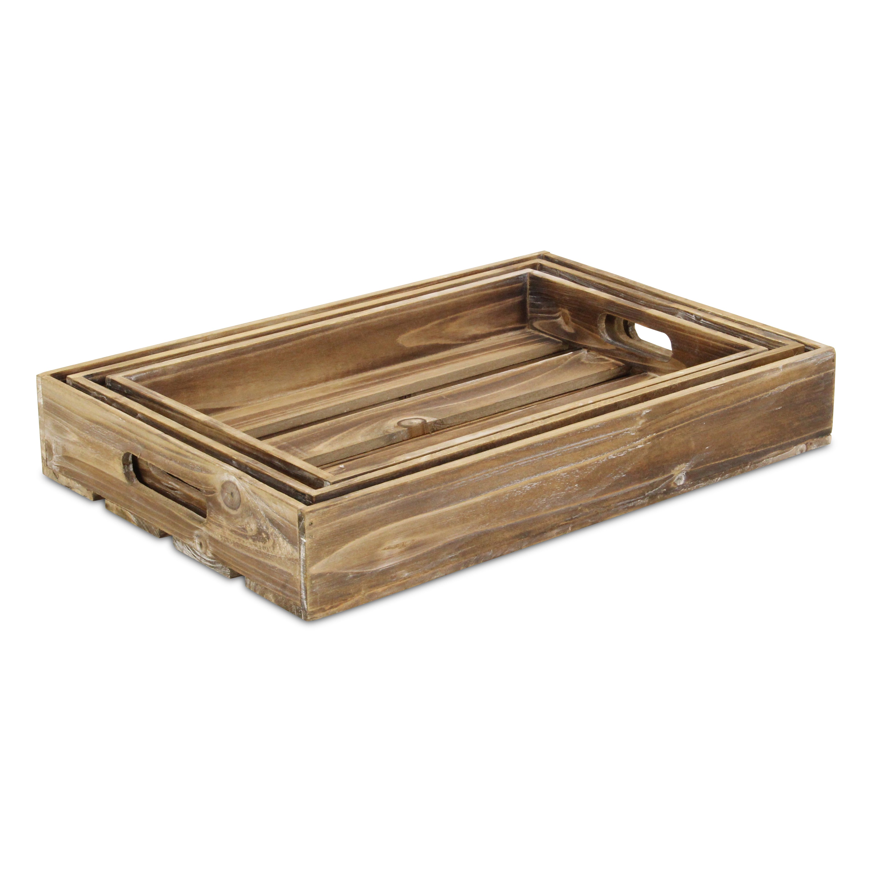 Nora Set of 3 Slatted Wood Trays - Brown