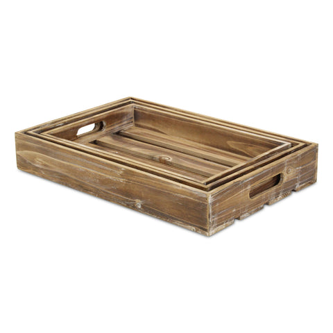 Nora Set of 3 Slatted Wood Trays - Brown