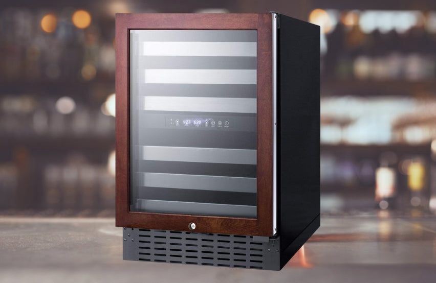 Dual zone built-in wine cellar with panel-ready glass door, full extension shelves, digital thermostat, and black cabinet