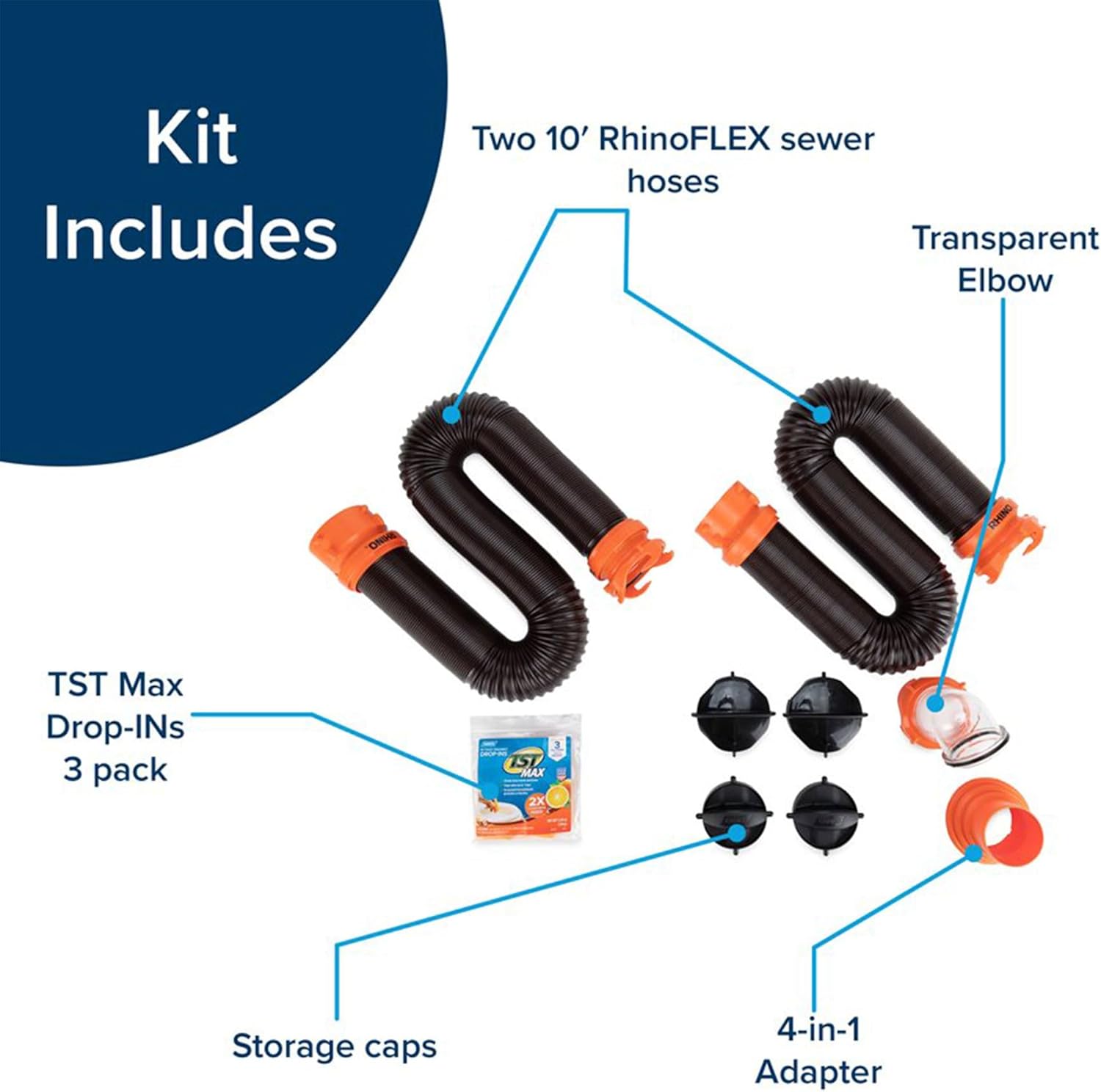 Camco RhinoFLEX 20 and 39 Sewer Hose Kit w/4 In 1 Elbow Caps