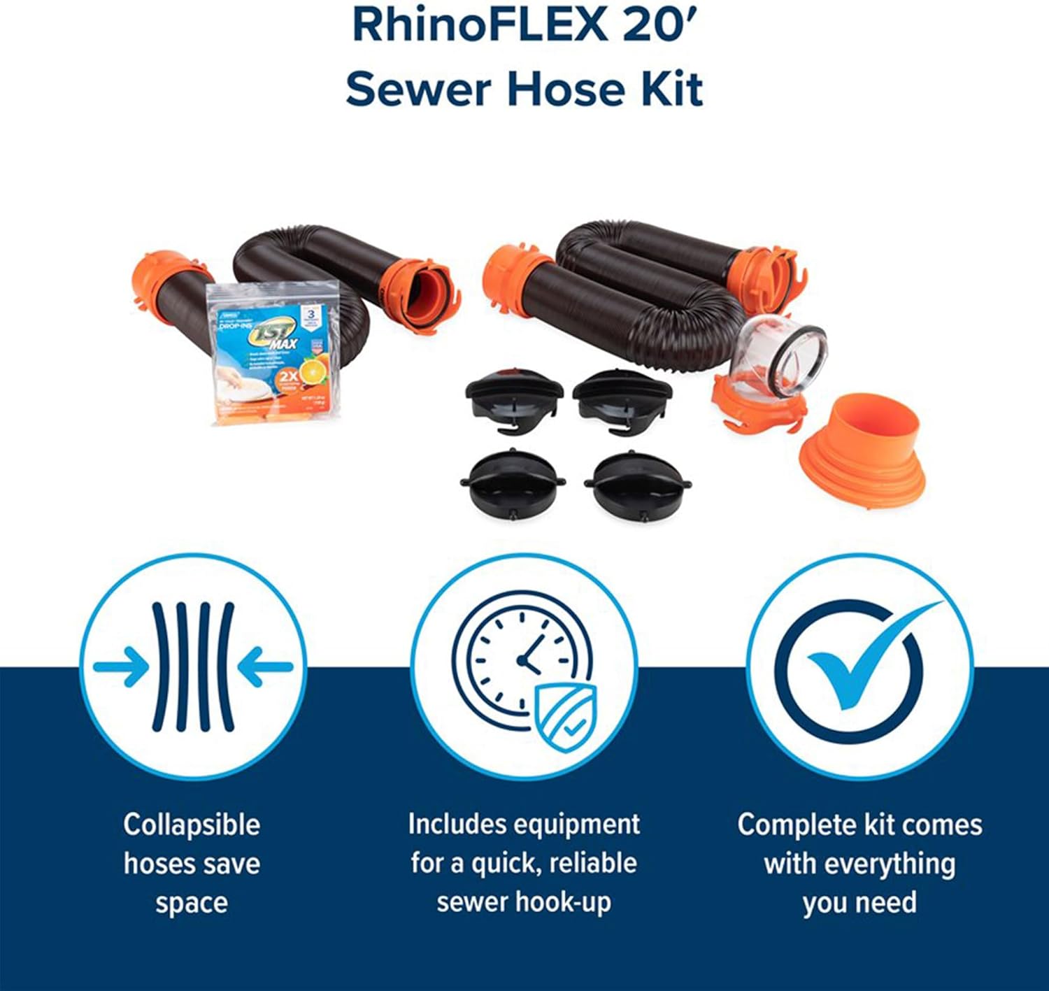 Camco RhinoFLEX 20 and 39 Sewer Hose Kit w/4 In 1 Elbow Caps