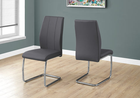 Dining Chair, Set Of 2, Side, Upholstered, Kitchen, Dining Room, 39" Height, Grey Leather Look, Chrome Metal, Contemporary, Modern