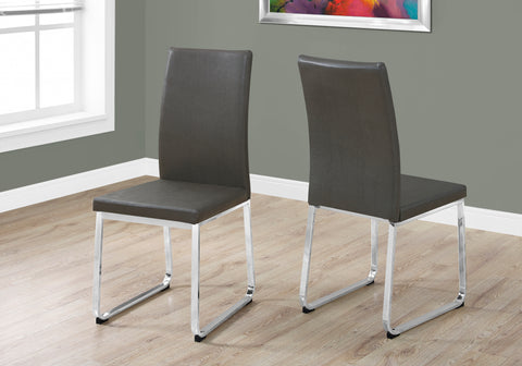 Dining Chair, Set Of 2, Side, Upholstered, Kitchen, Dining Room, Grey Leather Look, Chrome Metal, Contemporary, Modern