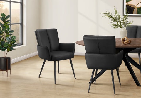 Dining Chair, 39'' Height, Set Of 2, Side, Upholstered, Dining Room, Kitchen, Black Leather Look, Black Metal, Contemporary