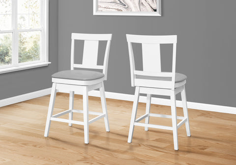 Bar Stool, Set Of 2, Swivel, Counter Height, Kitchen, White Wood, Grey Leather Look, Transitional