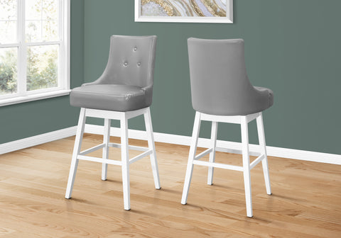 Bar Stool, Set Of 2, Swivel, Bar Height, White Wood, Grey Leather Look, Transitional