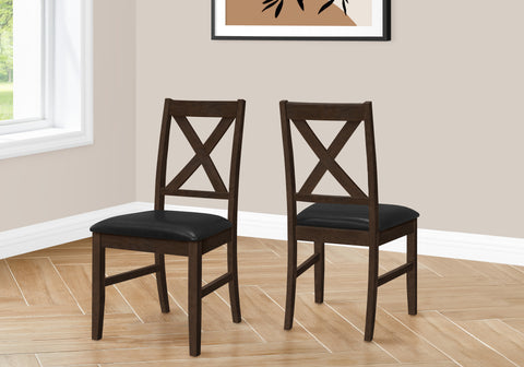 Dining Chair, 37" Height, Set Of 2, Dining Room, Kitchen, Side, Upholstered, Brown Solid Wood, Brown Leather Look, Transitional