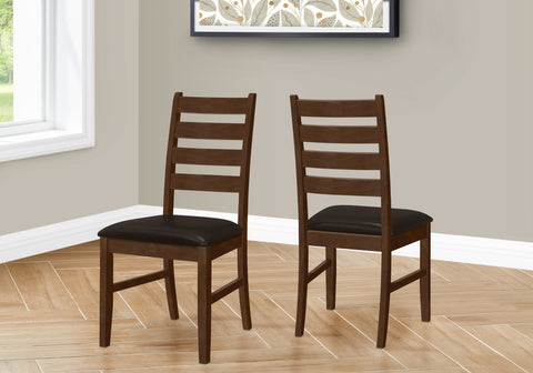 Dining Chair, 37" Height, Set Of 2, Dining Room, Kitchen, Side, Upholstered, Brown Solid Wood, Brown Leather Look, Transitional