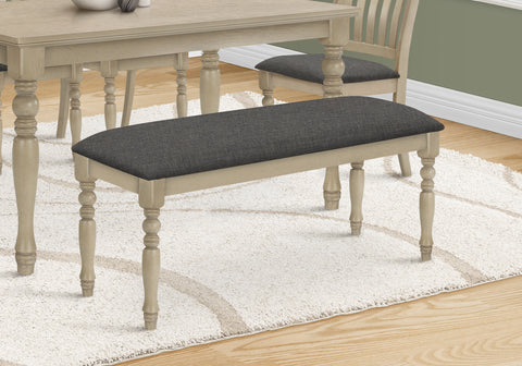 Bench, 48" Rectangular, Upholstered, Wood, Entryway, Dining Room, Kitchen, Antique Grey, Grey Fabric, Grey Solid Wood, Transitional