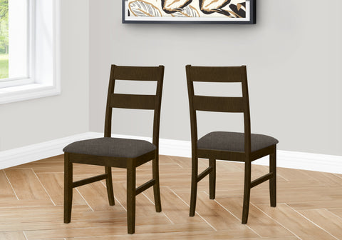Dining Chair, 37" Height, Set Of 2, Upholstered, Side, Dining Room, Kitchen, Brown Solid Wood, Brown Fabric, Transitional
