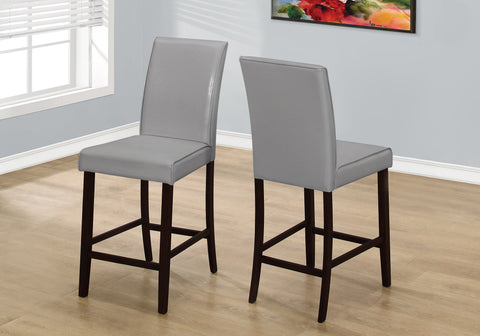 Dining Chair, Set Of 2, Counter Height, Upholstered, Kitchen, Dining Room, Grey Leather Look, Brown Wood Legs, Transitional