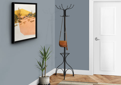 Coat Rack, Hall Tree, Free Standing, 12 Hooks, Entryway, 70"H, Umbrella Holder, Bedroom, Black Metal, Transitional