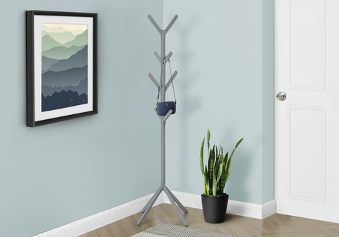 Coat Rack, Hall Tree, Free Standing, 8 Hooks, Entryway, 70"H, Bedroom, Grey Metal, Contemporary, Modern