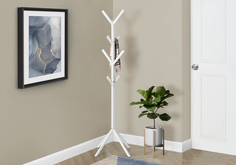 Coat Rack, Hall Tree, Free Standing, 8 Hooks, Entryway, 70"H, Bedroom, White Metal, Contemporary, Modern