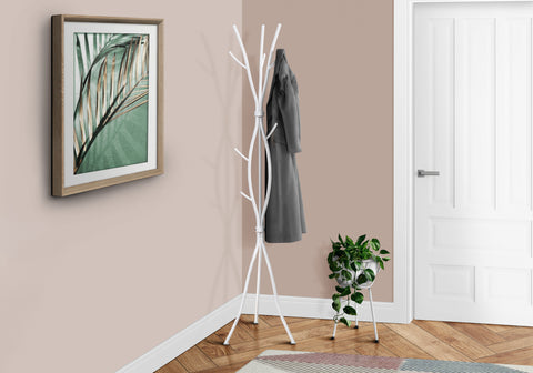 Coat Rack, Hall Tree, Free Standing, 11 Hooks, Entryway, 74"H, Bedroom, White Metal, Contemporary, Modern