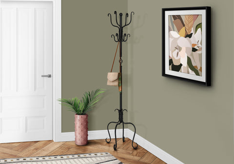Coat Rack, Hall Tree, Free Standing, 8 Hooks, Entryway, 74"H, Bedroom, Black Metal, Transitional