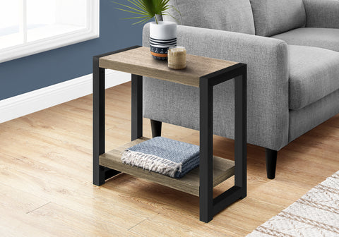 Accent Table, Side, End, Narrow, Small, 2 Tier, Living Room, Bedroom, Brown Laminate, Black Metal, Contemporary, Modern