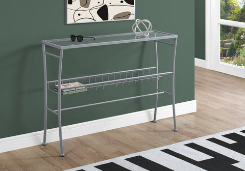 Accent Table, Console, Entryway, Narrow, Sofa, Living Room, Bedroom, Clear Tempered Glass, Silver Metal, Contemporary, Modern