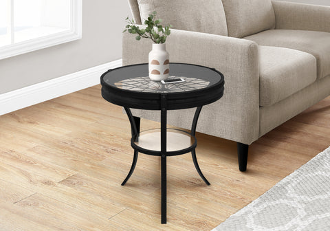 Accent Table, Side, End, Nightstand, Lamp, Round, Living Room, Bedroom, Clear Tempered Glass, Black Metal, Transitional