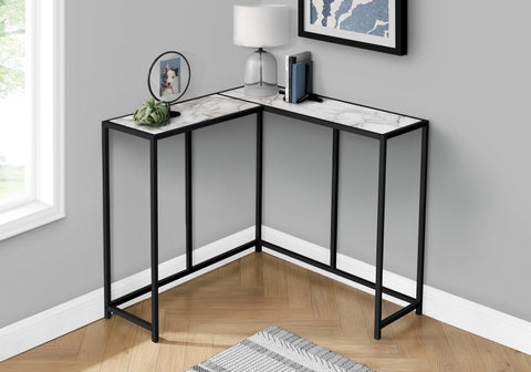 Accent Table, Console, Entryway, Narrow, Corner, Living Room, Bedroom, White Marble Look Laminate, Black Metal, Contemporary, Modern