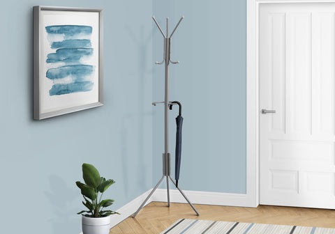Coat Rack, Hall Tree, Free Standing, Hanging Bar, 6 Hooks, Entryway, 68"H, Bedroom, Grey Metal, Contemporary, Modern