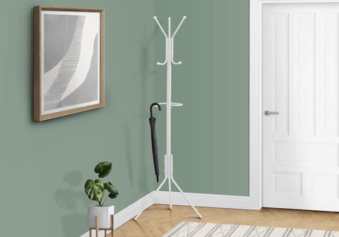 Coat Rack, Hall Tree, Free Standing, Hanging Bar, 6 Hooks, Entryway, 68"H, Bedroom, White Metal, Contemporary, Modern