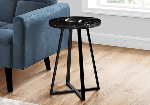 Accent Table, Side, Round, End, Nightstand, Lamp, Living Room, Bedroom, Black Marble Look Laminate, Black Metal, Contemporary, Modern