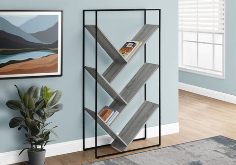 Bookshelf, Bookcase, Etagere, 3 Tier, 60"H, Office, Bedroom, Grey Laminate, Black Metal, Contemporary, Modern