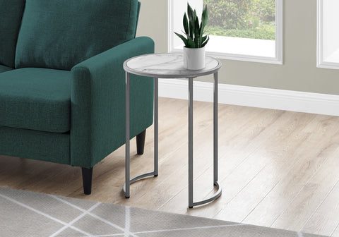 Accent Table, Side, Round, End, Nightstand, Lamp, Living Room, Bedroom, White Marble Look Laminate, Grey Metal, Contemporary, Modern