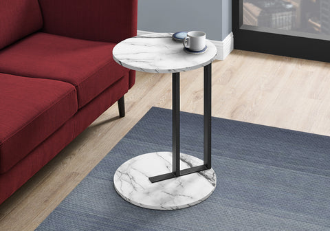 Accent Table, Side, Round, End, Nightstand, Lamp, Living Room, Bedroom, White Marble Look Laminate, Black Metal, Contemporary, Modern