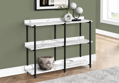 Accent Table, Console, Entryway, Narrow, Sofa, Living Room, Bedroom, White Marble Look Laminate, Black Metal, Contemporary, Modern