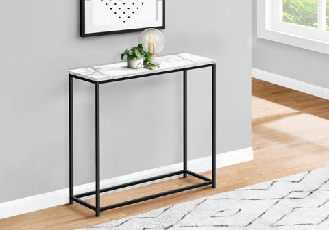Accent Table, Console, Entryway, Narrow, Sofa, Living Room, Bedroom, White Marble Look Laminate, Black Metal, Contemporary, Modern