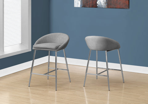Bar Stool, Set Of 2, Counter Height, Kitchen, Chrome Metal, Grey Fabric, Contemporary, Modern