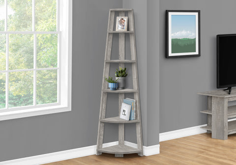 Bookshelf, Bookcase, Etagere, Corner, 5 Tier, 72"H, Office, Bedroom, Grey Laminate, Contemporary, Modern