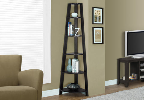 Bookshelf, Bookcase, Etagere, Corner, 5 Tier, 72"H, Office, Bedroom, Brown Laminate, Contemporary, Modern