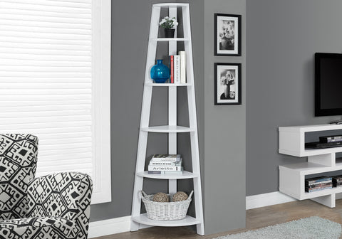 Bookshelf, Bookcase, Etagere, Corner, 5 Tier, 72"H, Office, Bedroom, White Laminate, Contemporary, Modern