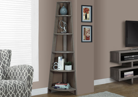 Bookshelf, Bookcase, Etagere, Corner, 5 Tier, 72"H, Office, Bedroom, Brown Laminate, Contemporary, Modern