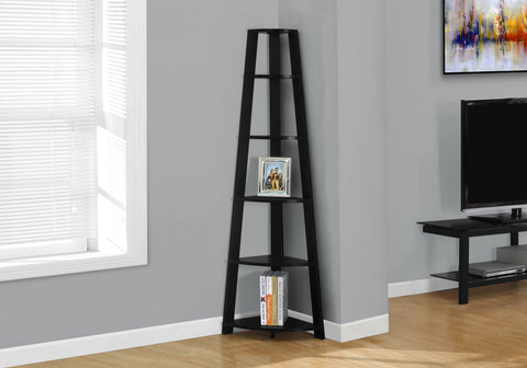 Bookshelf, Bookcase, Etagere, Corner, 5 Tier, 72"H, Office, Bedroom, Black Laminate, Contemporary, Modern