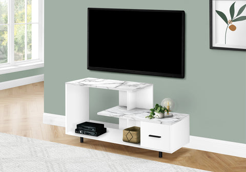 Tv Stand, 48 Inch, Console, Media Entertainment Center, Storage Drawer, Living Room, Bedroom, White Marble Look Laminate, Contemporary, Modern