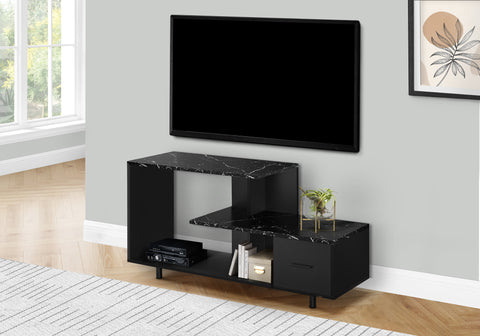 Tv Stand, 48 Inch, Console, Media Entertainment Center, Storage Drawer, Living Room, Bedroom, Black Marble Look Laminate, Contemporary, Modern