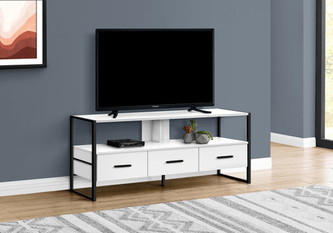 Tv Stand, 48 Inch, Console, Media Entertainment Center, Storage Drawers, Living Room, Bedroom, White Laminate, Black Metal, Contemporary, Modern